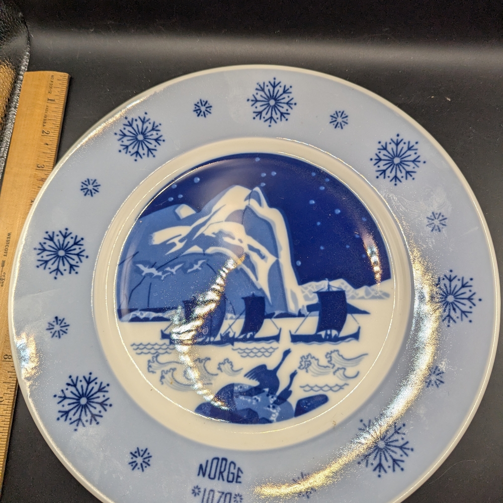 1970 Norway Plate - Ancient Nordic Life- Vintage - Norge - Blue And White 10.75"
